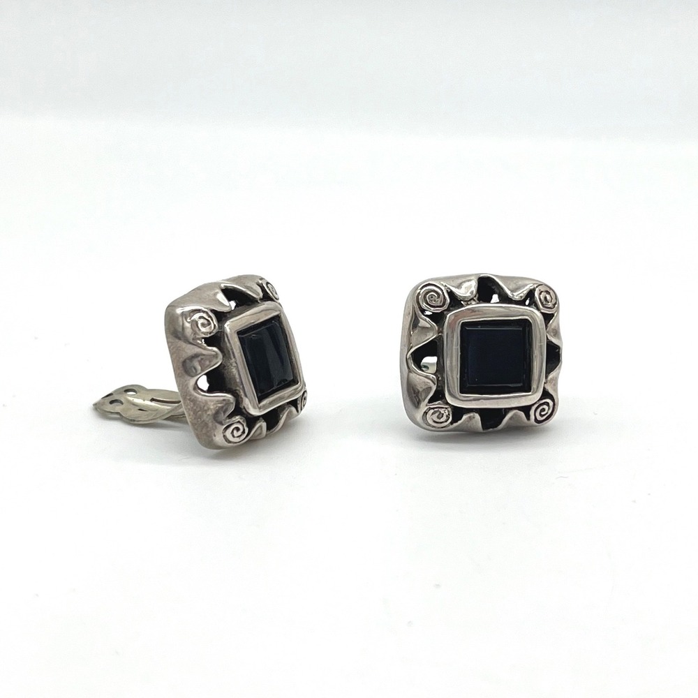 Square Black Onyx Sterling Silver Clip On Earrings Vintage Mexico 25g